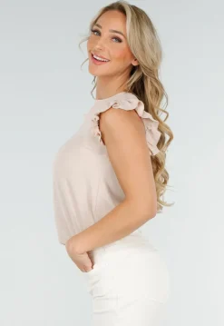 Beige Mouwloze Top met Volants bij de Schouders en Strik
