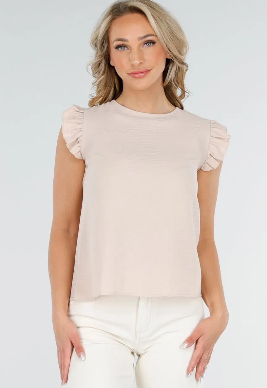 Beige Mouwloze Top met Volants bij de Schouders en Strik