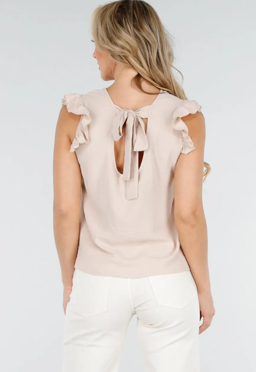 Beige Mouwloze Top met Volants bij de Schouders en Strik