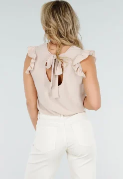Beige Mouwloze Top met Volants bij de Schouders en Strik