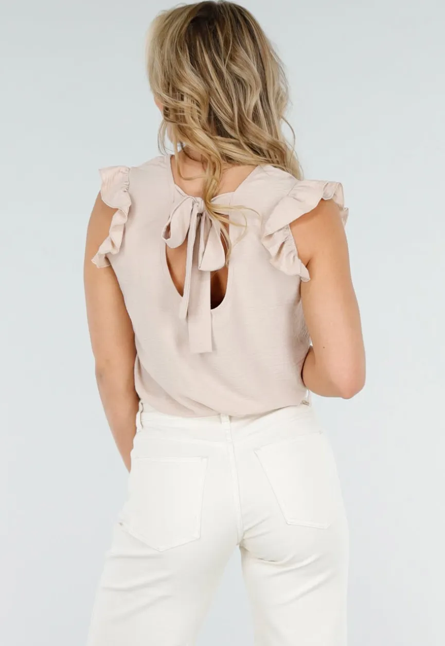 Beige Mouwloze Top met Volants bij de Schouders en Strik