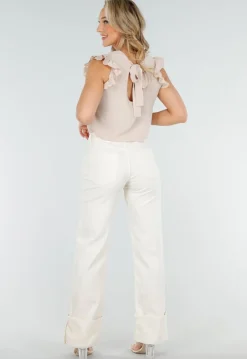 Beige Mouwloze Top met Volants bij de Schouders en Strik
