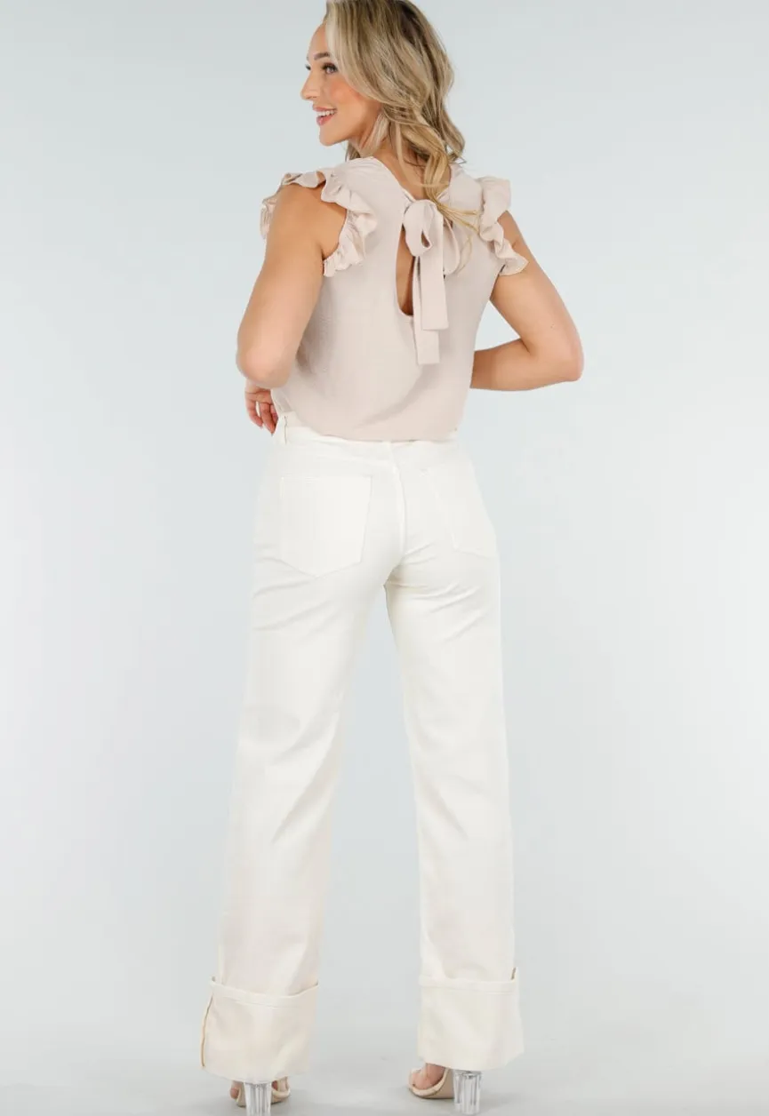 Beige Mouwloze Top met Volants bij de Schouders en Strik