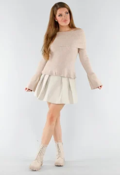 Beige Off Shoulder Gebreide Trui met Uitlopende Mouwen