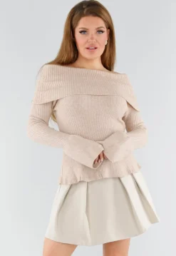 Beige Off Shoulder Gebreide Trui met Uitlopende Mouwen
