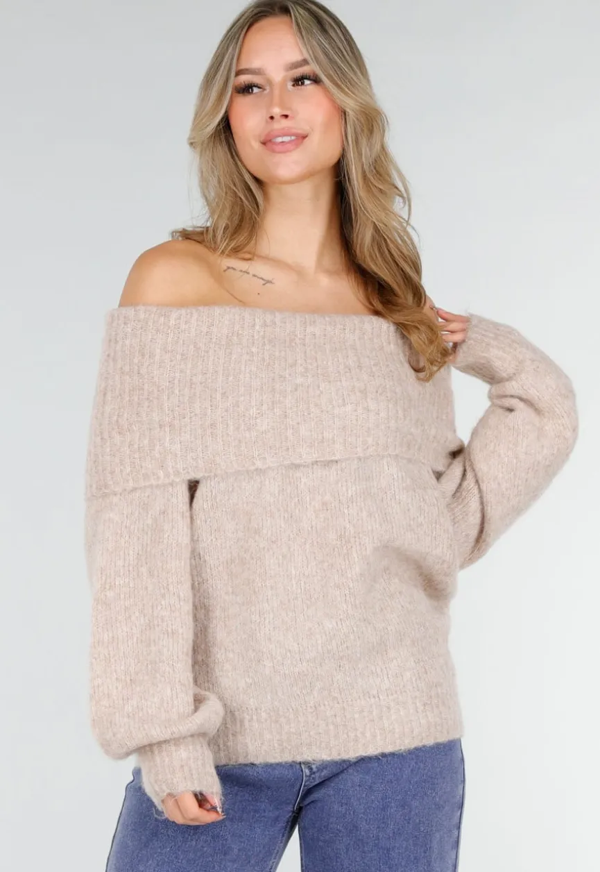 Beige Off Shoulder Wollen Gebreide Trui en Losse Pasvorm
