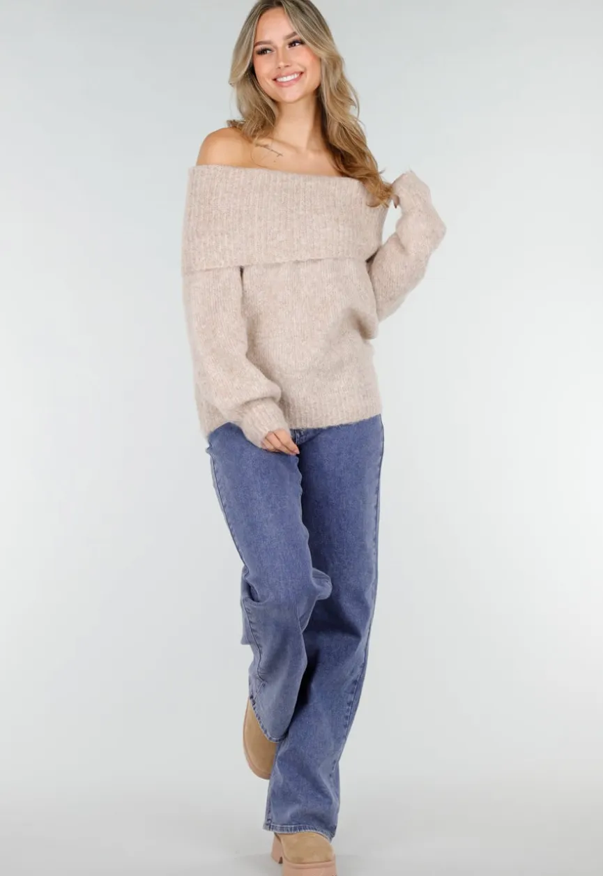 Beige Off Shoulder Wollen Gebreide Trui en Losse Pasvorm