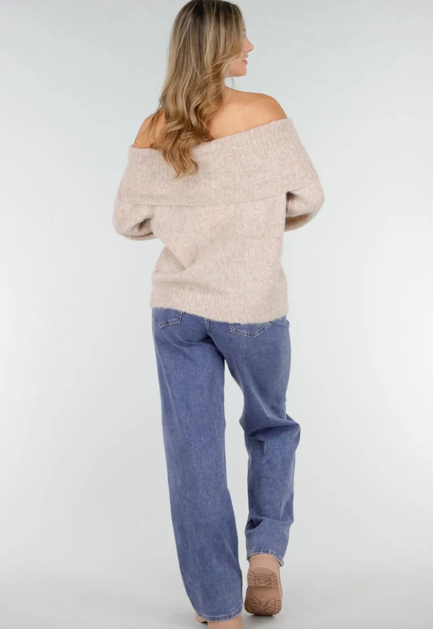 Beige Off Shoulder Wollen Gebreide Trui en Losse Pasvorm