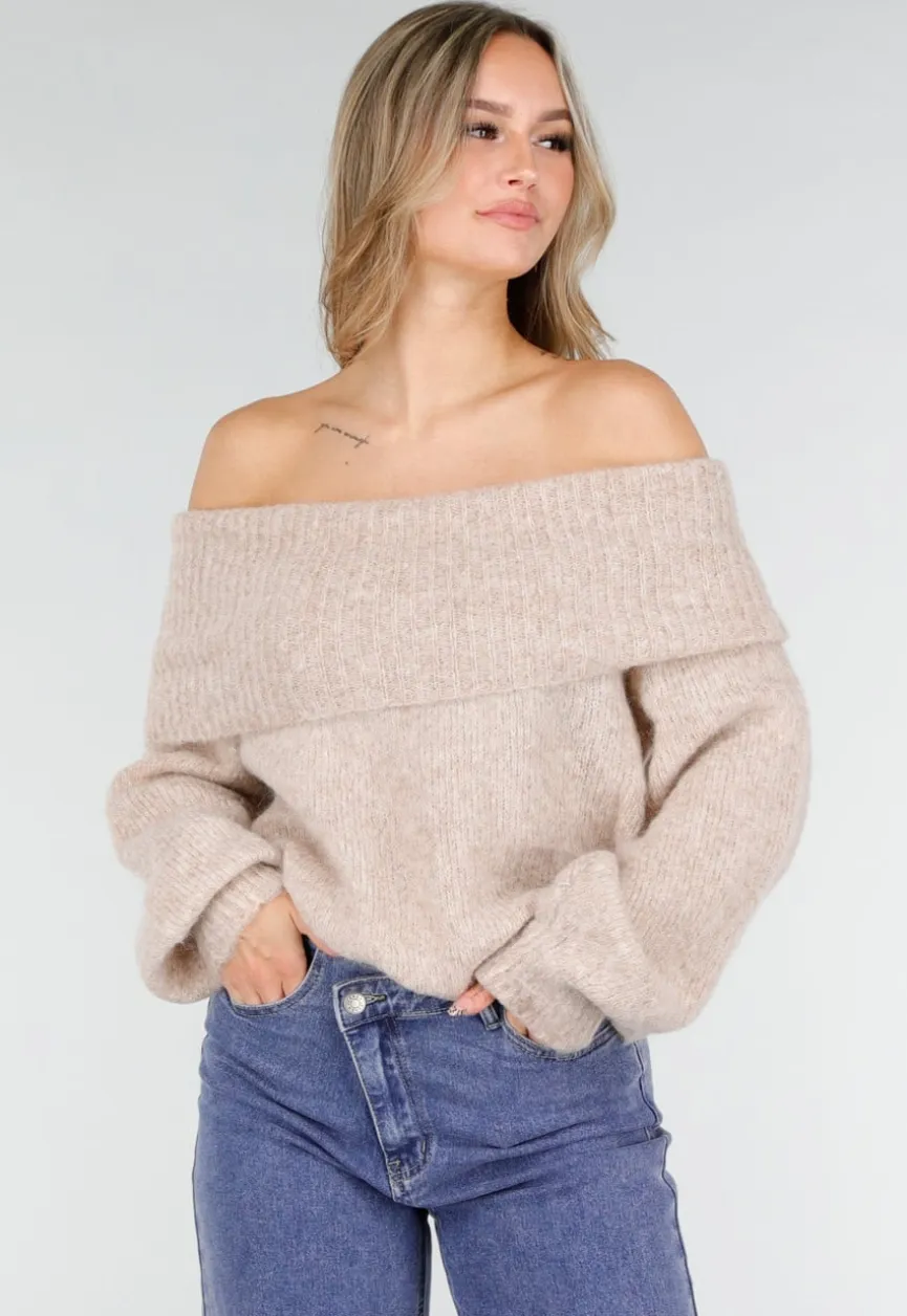 Beige Off Shoulder Wollen Gebreide Trui en Losse Pasvorm