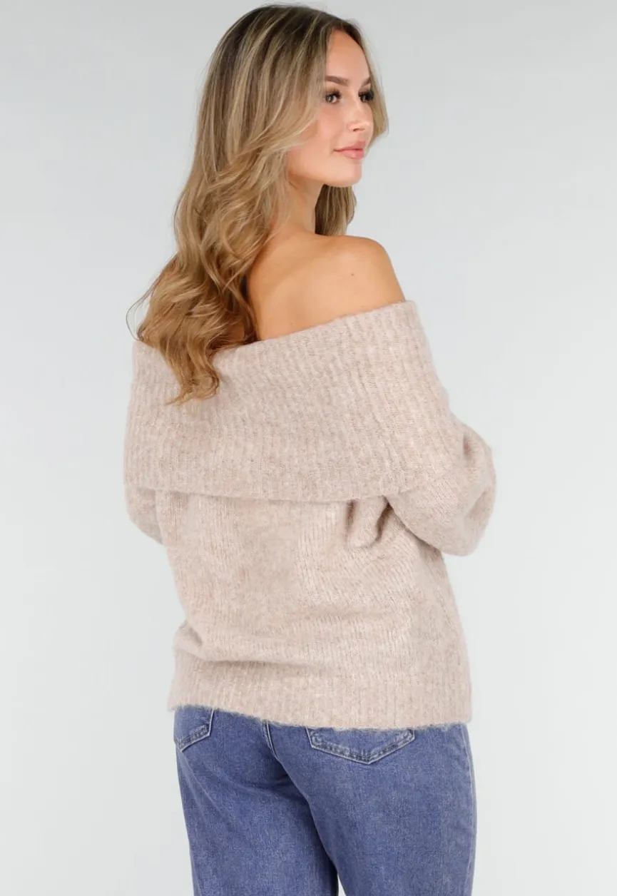 Beige Off Shoulder Wollen Gebreide Trui en Losse Pasvorm