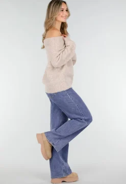 Beige Off Shoulder Wollen Gebreide Trui en Losse Pasvorm