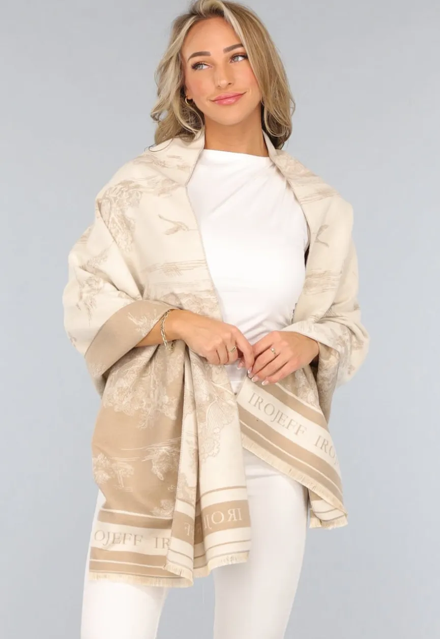 Beige Omslag Sjaal met Print