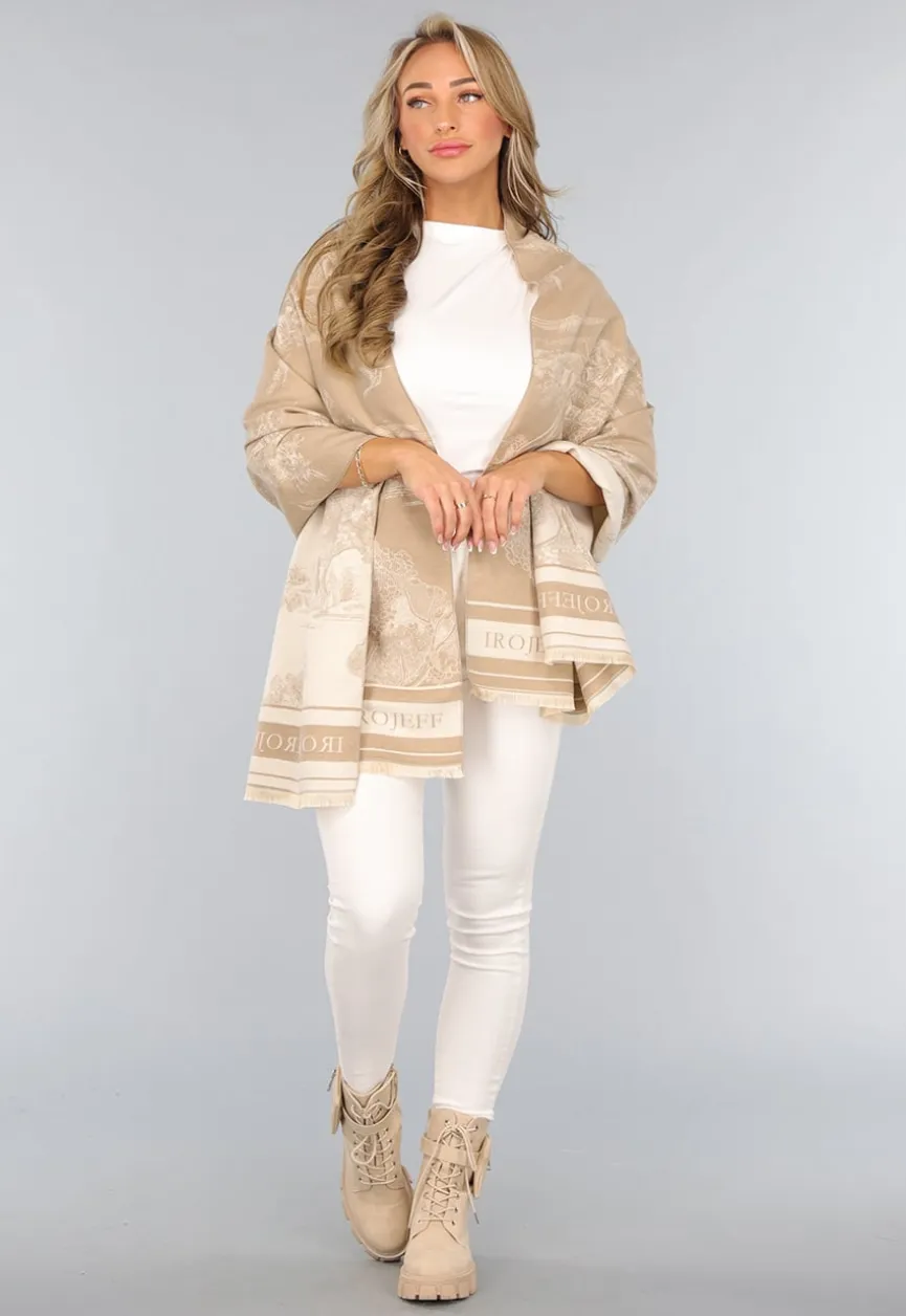 Beige Omslag Sjaal met Print
