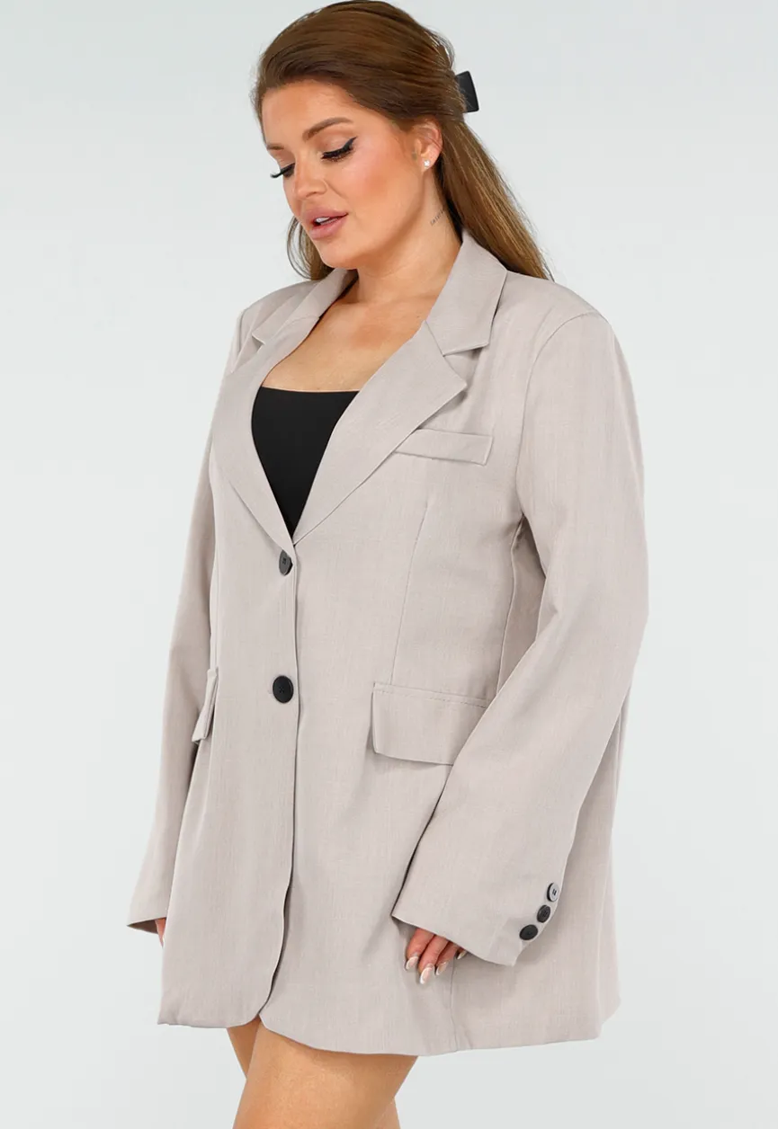 Beige Oversized Blazer met Knoopsluiting, Schoudervulling en Klepzakken