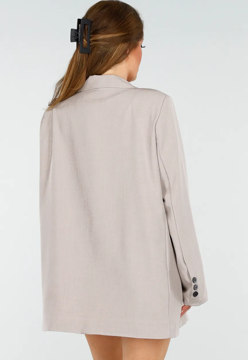 Beige Oversized Blazer met Knoopsluiting, Schoudervulling en Klepzakken