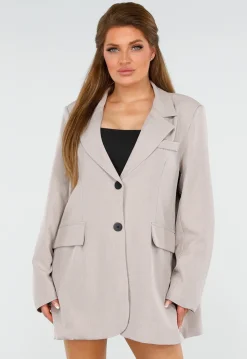 Beige Oversized Blazer met Knoopsluiting, Schoudervulling en Klepzakken