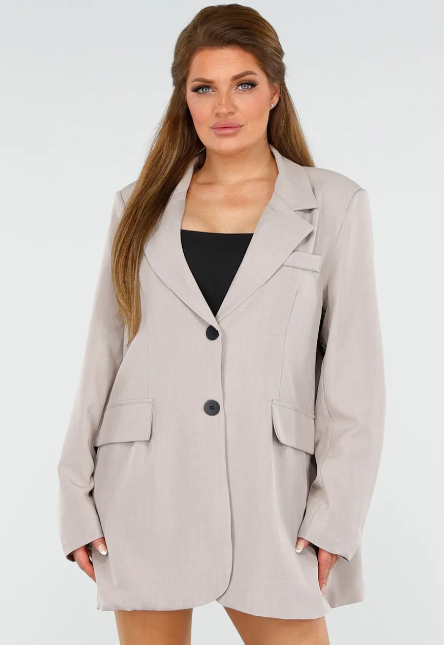 Beige Oversized Blazer met Knoopsluiting, Schoudervulling en Klepzakken