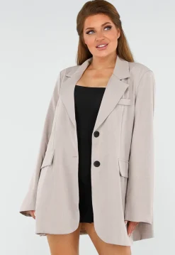 Beige Oversized Blazer met Knoopsluiting, Schoudervulling en Klepzakken