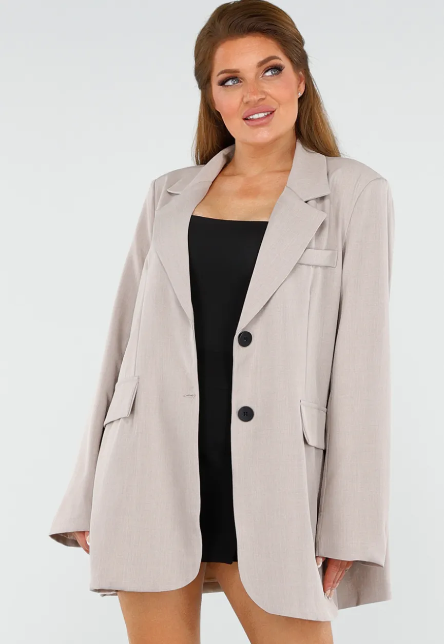 Beige Oversized Blazer met Knoopsluiting, Schoudervulling en Klepzakken
