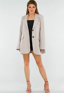 Beige Oversized Blazer met Knoopsluiting, Schoudervulling en Klepzakken