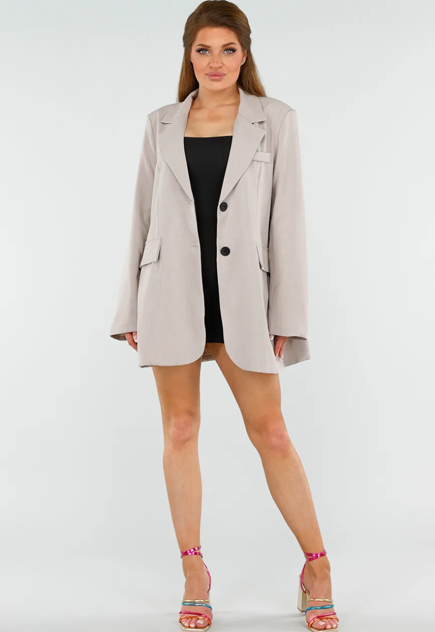 Beige Oversized Blazer met Knoopsluiting, Schoudervulling en Klepzakken