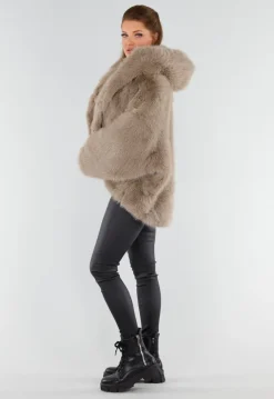 Beige Oversized Faux Fur Jas met Capuchon