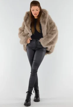 Beige Oversized Faux Fur Jas met Capuchon