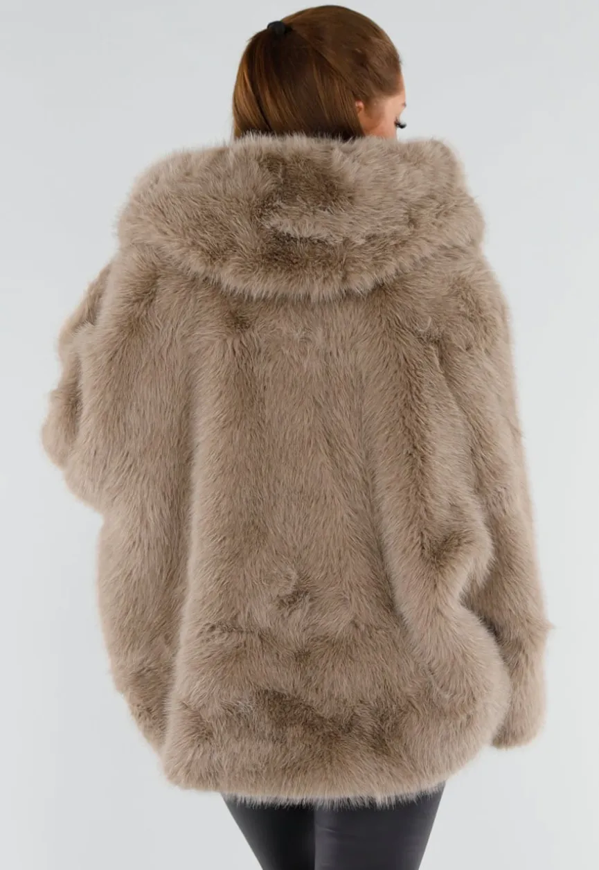 Beige Oversized Faux Fur Jas met Capuchon