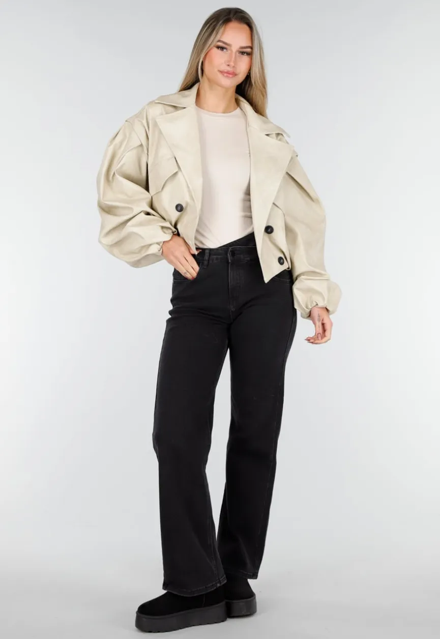 Beige Oversized Faux Leather Jasje met Pofmouwen