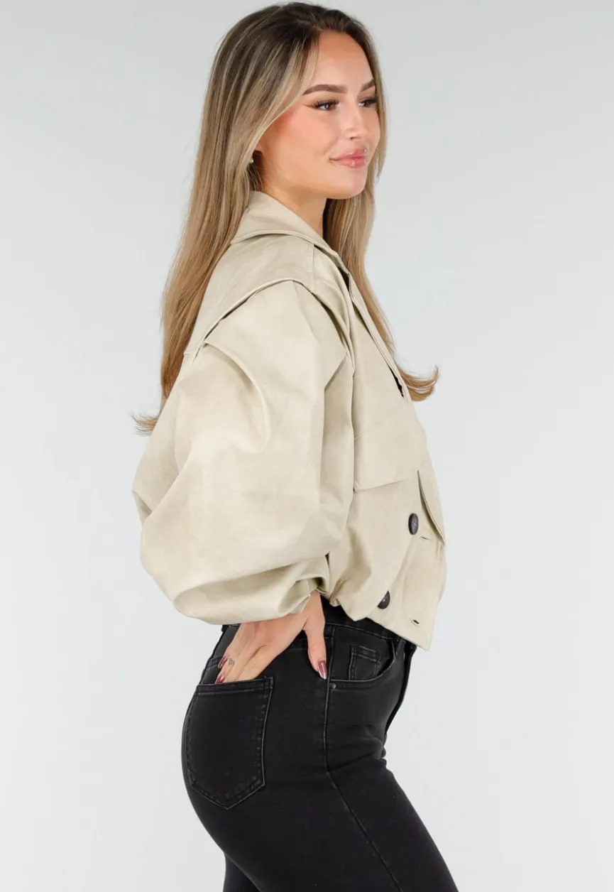 Beige Oversized Faux Leather Jasje met Pofmouwen