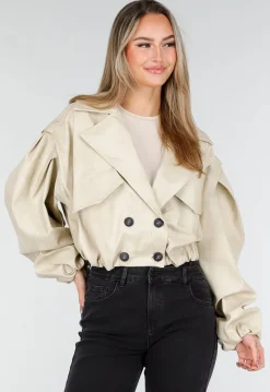 Beige Oversized Faux Leather Jasje met Pofmouwen