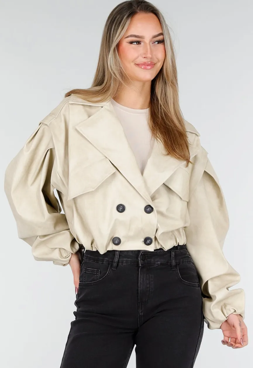 Beige Oversized Faux Leather Jasje met Pofmouwen