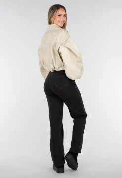 Beige Oversized Faux Leather Jasje met Pofmouwen