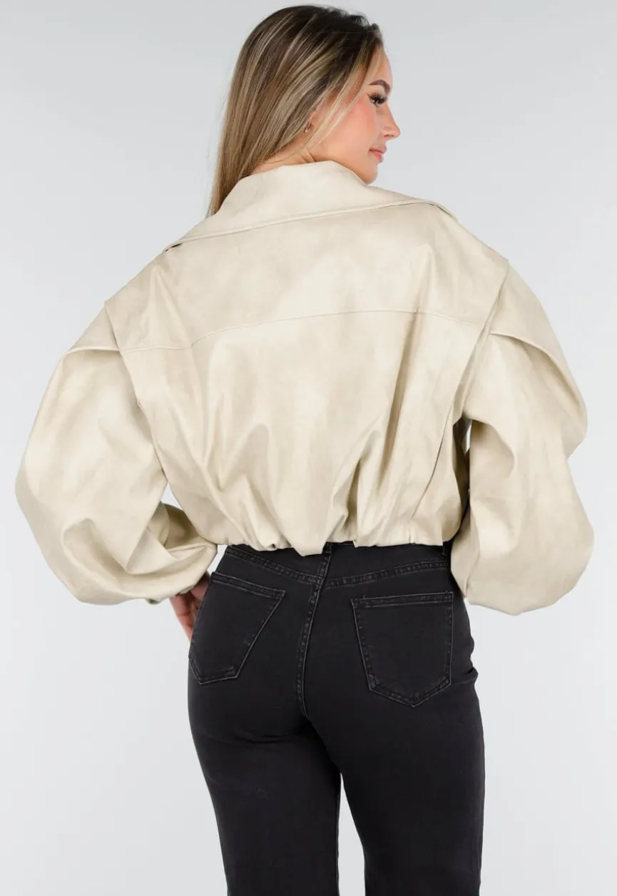 Beige Oversized Faux Leather Jasje met Pofmouwen
