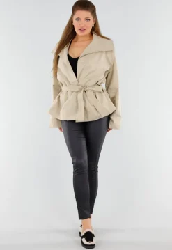 Beige Oversized Jas met Ceintuur en Brede Kraag