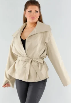 Beige Oversized Jas met Ceintuur en Brede Kraag