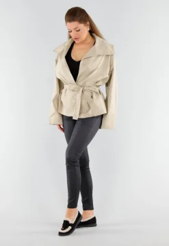 Beige Oversized Jas met Ceintuur en Brede Kraag