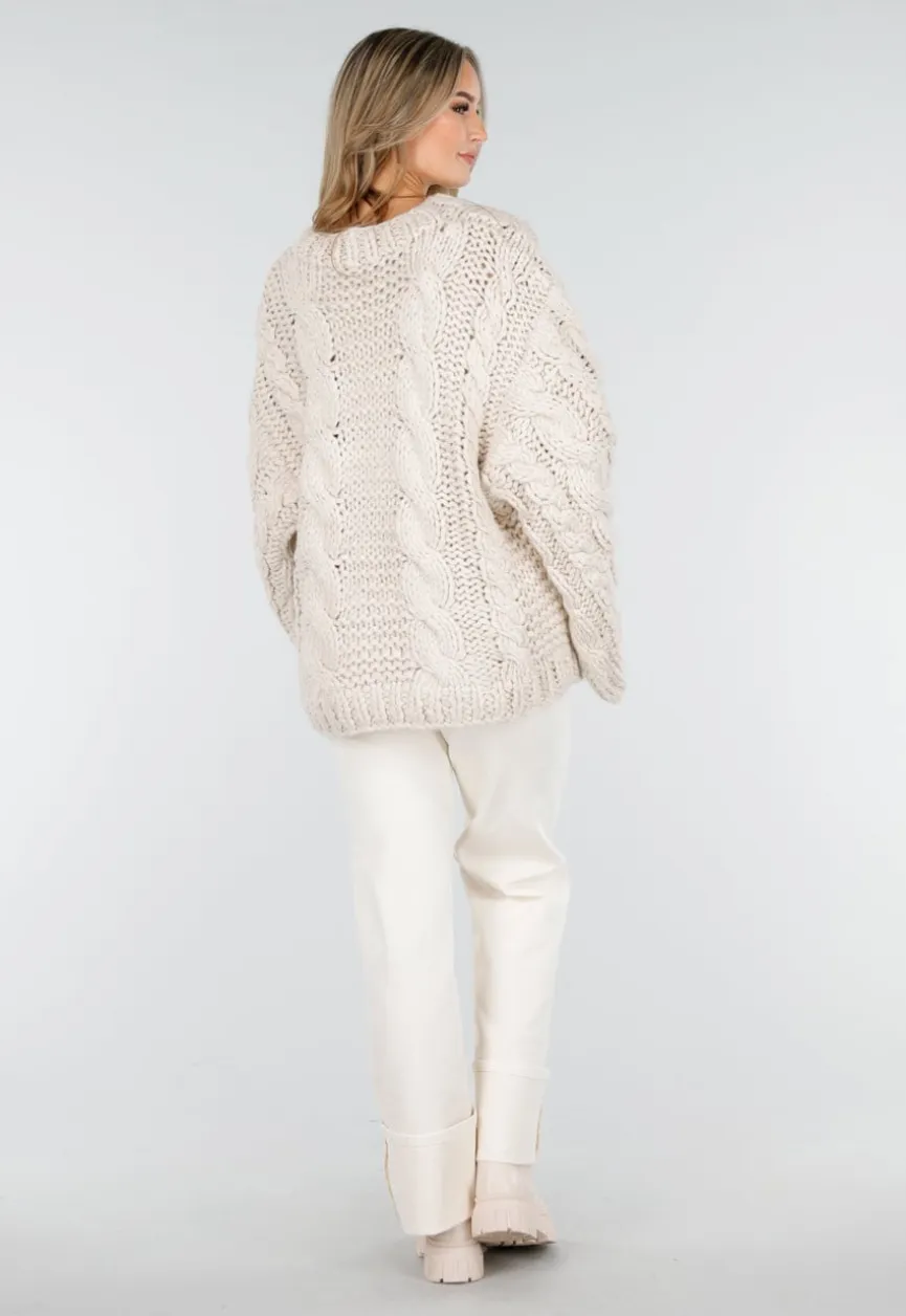 Beige Oversized Kabeltrui met Wijde Mouwen