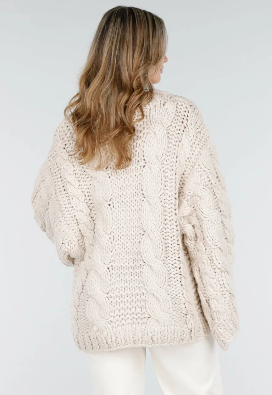 Beige Oversized Kabeltrui met Wijde Mouwen