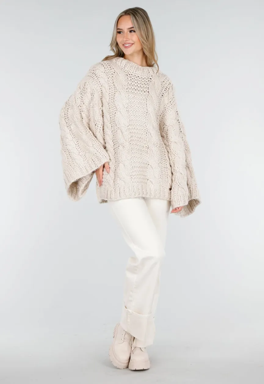 Beige Oversized Kabeltrui met Wijde Mouwen