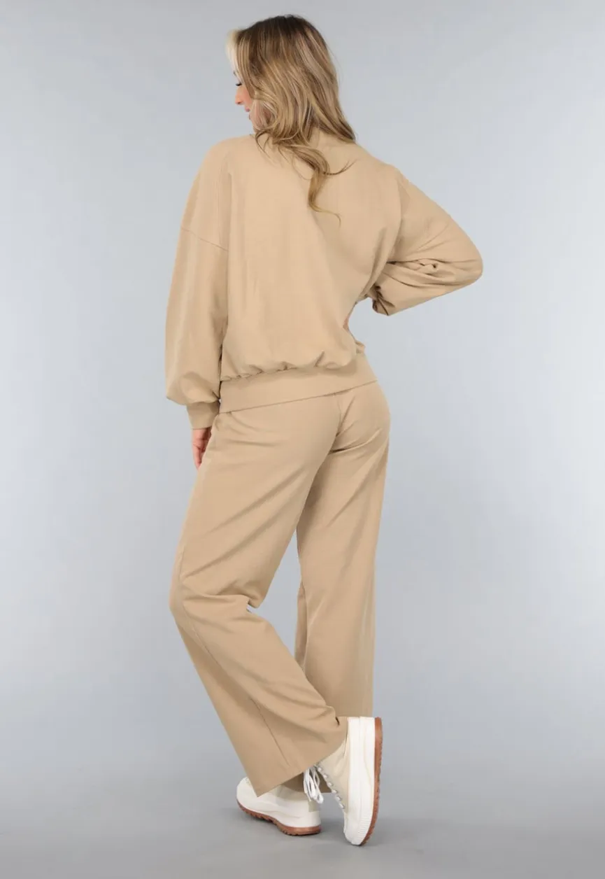 Beige Oversized Sweater met Rits