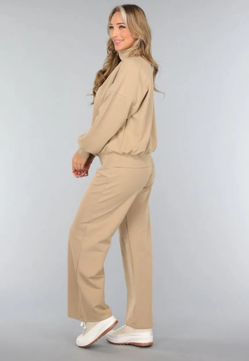 Beige Oversized Sweater met Rits