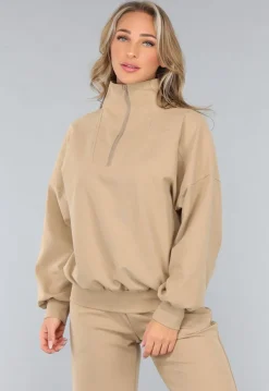 Beige Oversized Sweater met Rits