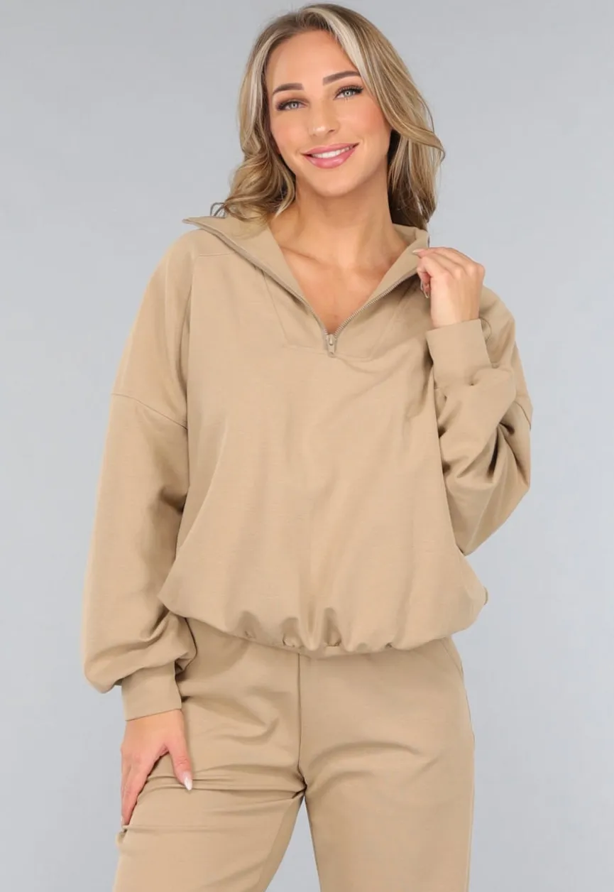 Beige Oversized Sweater met Rits