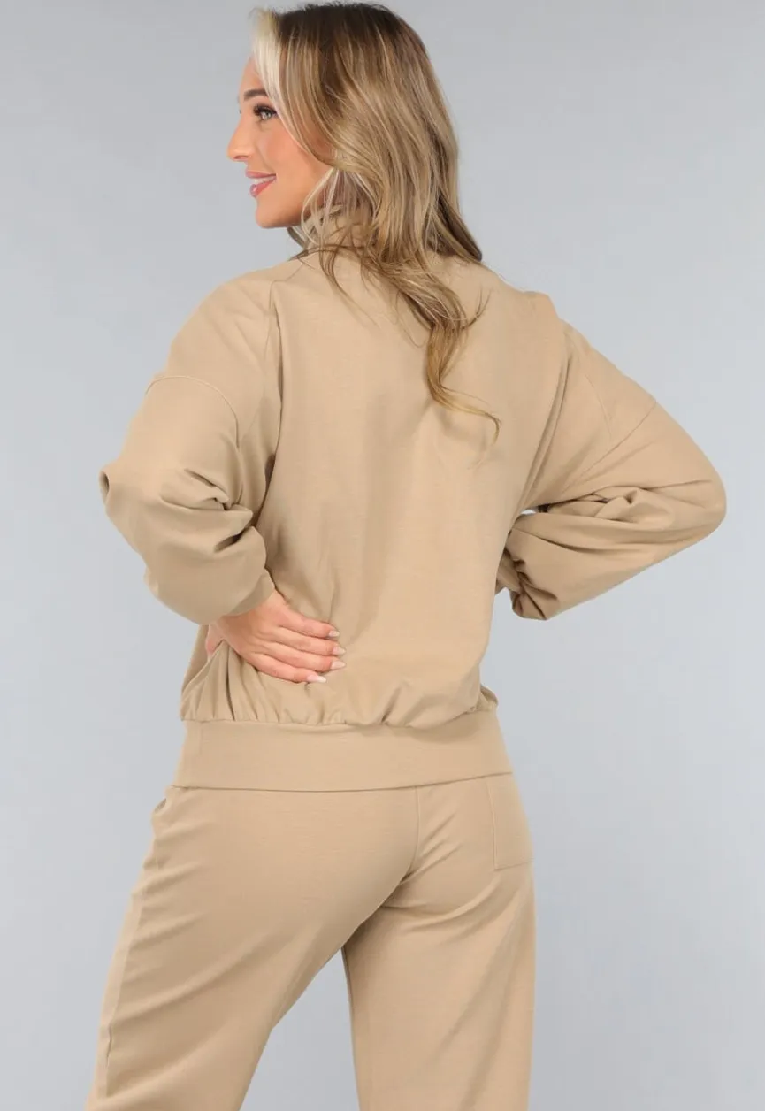 Beige Oversized Sweater met Rits