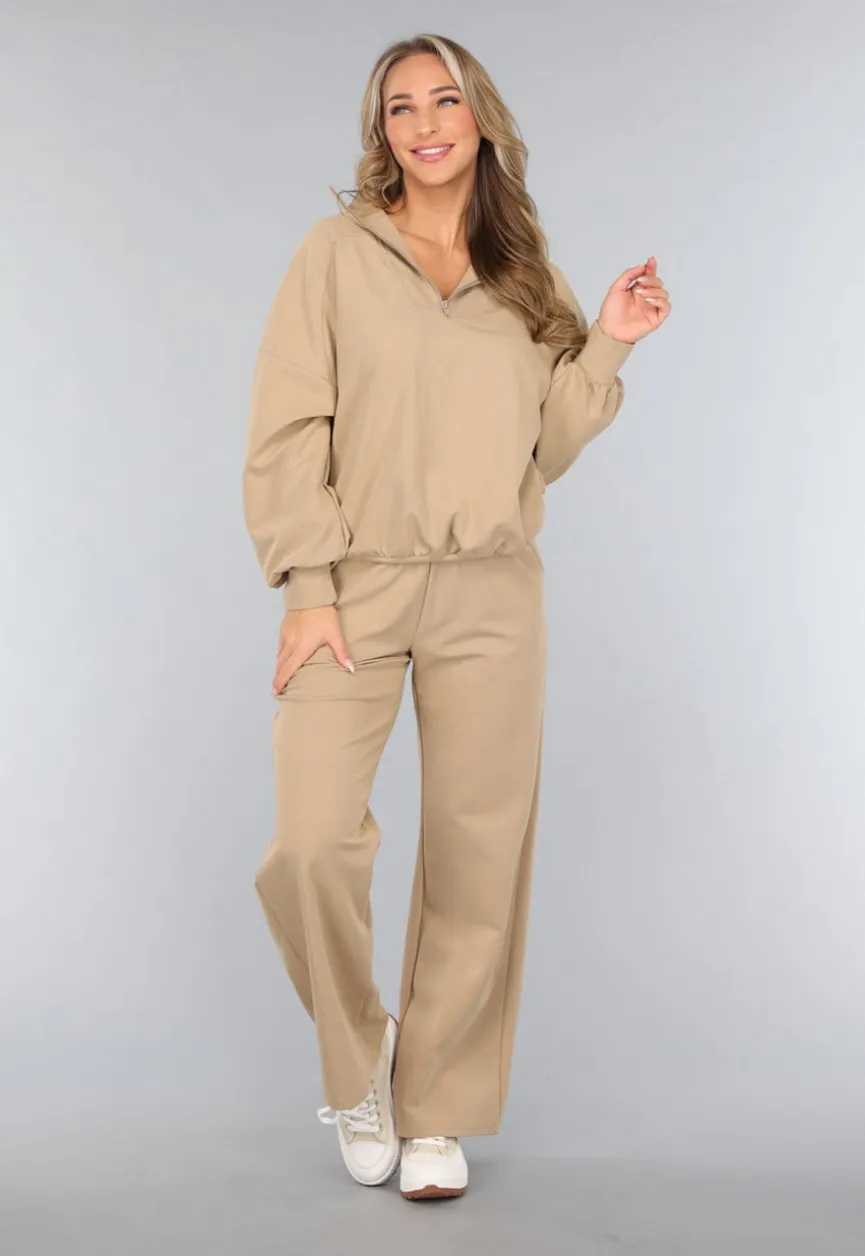 Beige Oversized Sweater met Rits