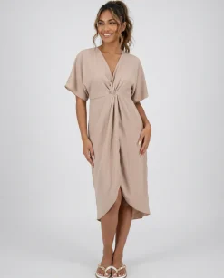Beige Overslag Midi Jurk met Vlindermouwen en Gedrapeerd Detail