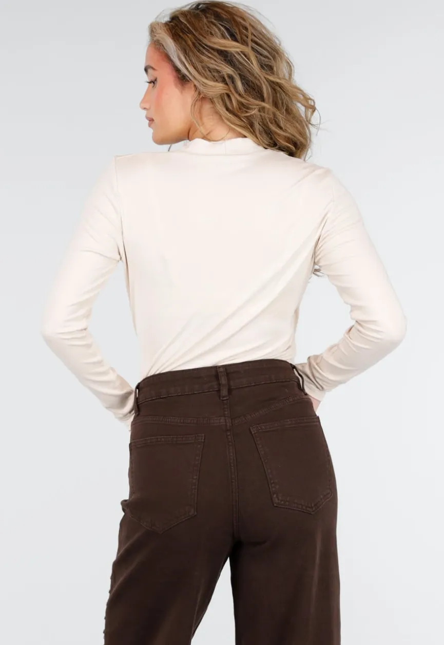 Beige Overslag Top met Lange Mouwen en Stretch