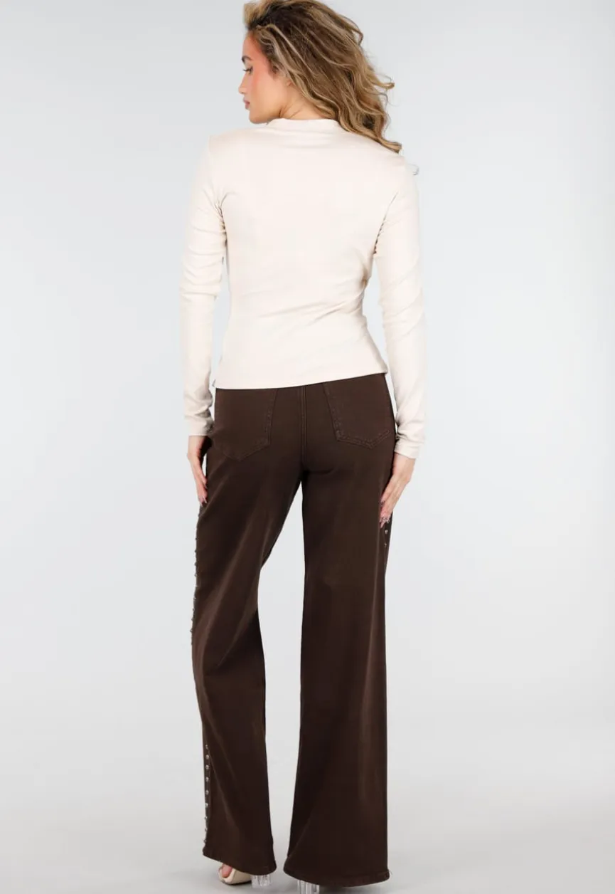 Beige Overslag Top met Lange Mouwen en Stretch