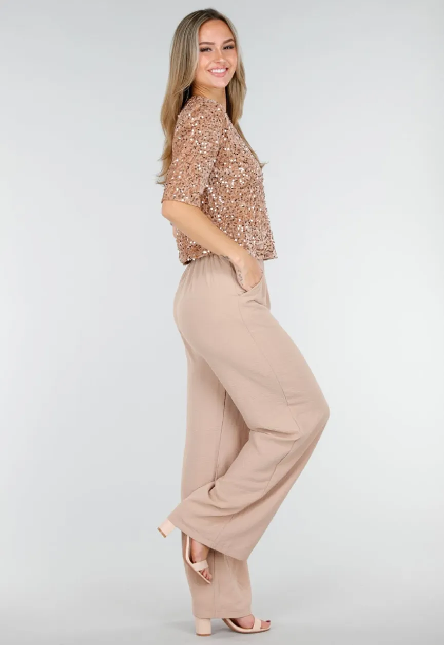 Beige Pailletten Top met Korte Mouwen en Ronde Hals